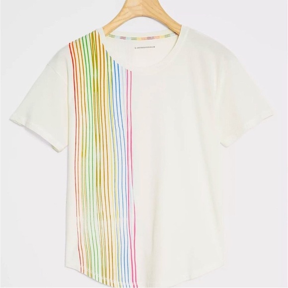 Anthropologie Rainbow Stripe Graphic Cotton Tee – Size Small – Summer Perfect - Picture 1 of 7